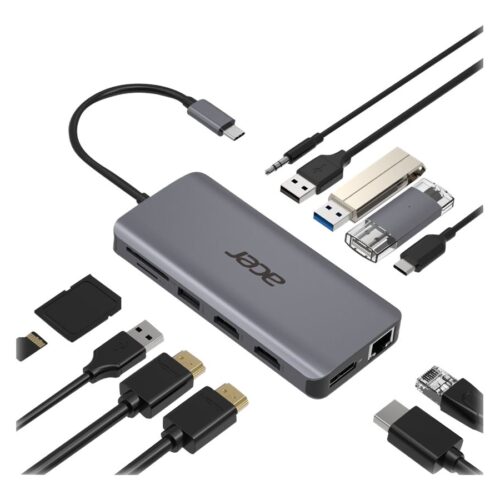ACER 12-IN-1 TYPE-C DONGLE 2xUSB3.2 2xUSB2.0 2xHDMI DisplayPort Type C PowerDelivery SD Card reader TF Card reader 1000M Ethernet