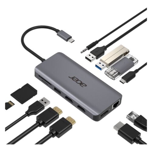 ACER 12-IN-1 TYPE-C DONGLE 2xUSB3.2 2xUSB2.0 2xHDMI DisplayPort Type C PowerDelivery SD Card reader TF Card reader 1000M Ethernet