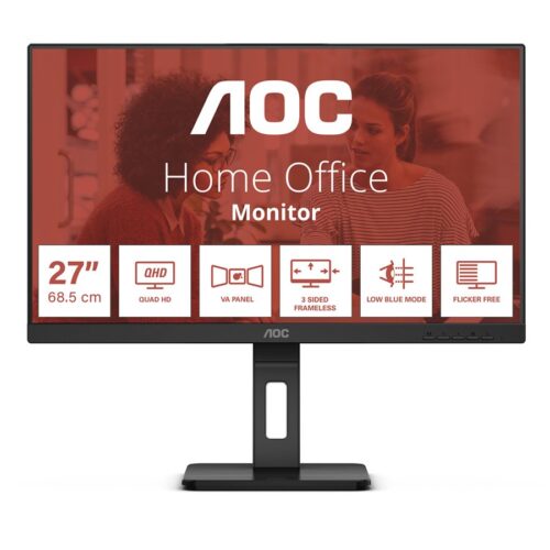 AOC Q27E3UMF 27p Ecran  27″ – 2560 x 1440 QHD @ 75 Hz – VA – 300 cd/m² – 4000:1 – 4 ms – HDMI, DisplayPort – haut-parleurs ajustable