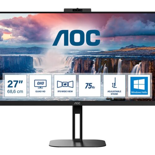 AOC Q27V5CW/BK Moniteur 27 » 2560 x 1440 QHD @ 75 Hz – IPS – 300 cd/m² HDMI, DisplayPort, USB-C – HP- WEBCAM