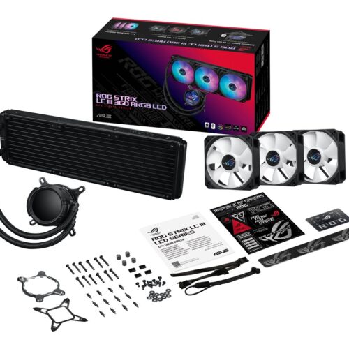 ASUS ROG Strix LC III ARGB LCD all-in-one CPU liquid cooler with 2.1 IPS LCD Aseteks new Gen7 v2 pump and premium ROG ARGB fans