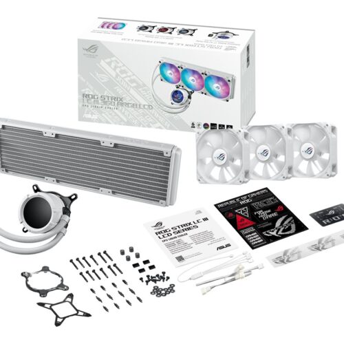 ASUS ROG Strix LC III ARGB LCD WHT all-in-one CPU liquid cooler with 2.1 IPS LCD Aseteks new Gen7 v2 pump and premium ROG ARGB fans