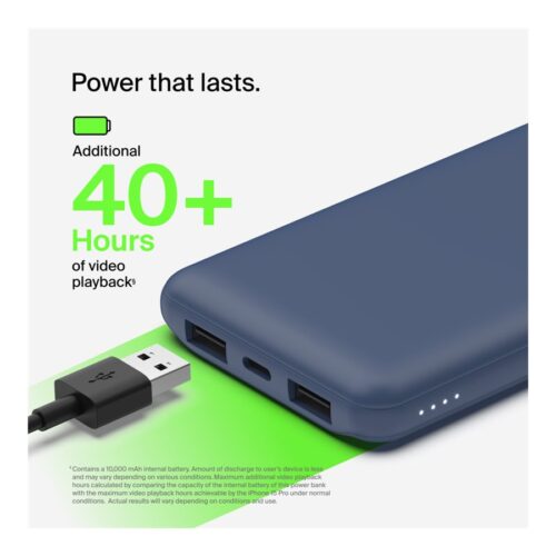 BELKIN Batterie externe 3 ports 10K avec câble USB-A vers USB-C bleu