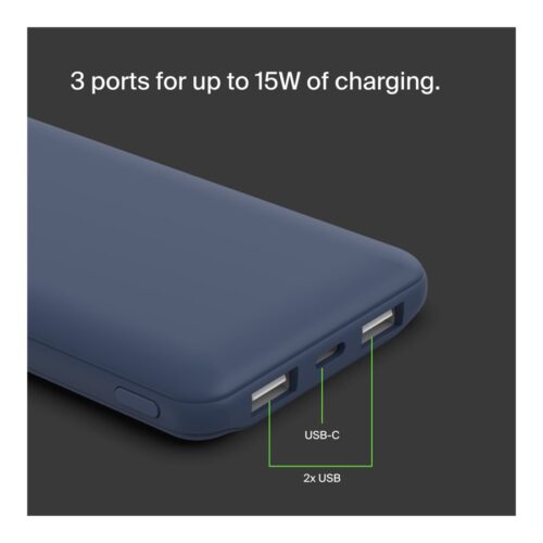 BELKIN Batterie externe 3 ports 10K avec câble USB-A vers USB-C bleu