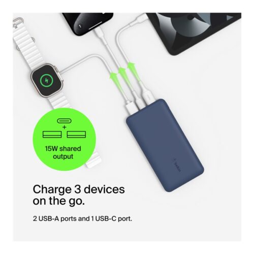 BELKIN Batterie externe 3 ports 10K avec câble USB-A vers USB-C bleu