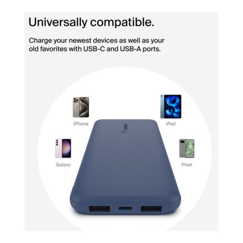 BELKIN Batterie externe 3 ports 10K avec câble USB-A vers USB-C bleu