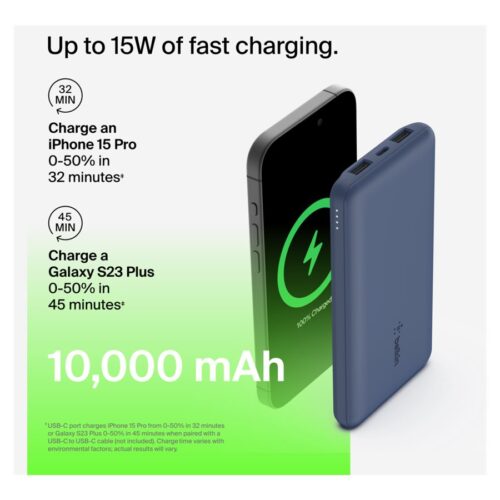 BELKIN Batterie externe 3 ports 10K avec câble USB-A vers USB-C bleu