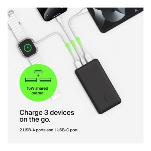 BELKIN Batterie externe 3 ports 10K avec câble USB-A vers USB-C noir