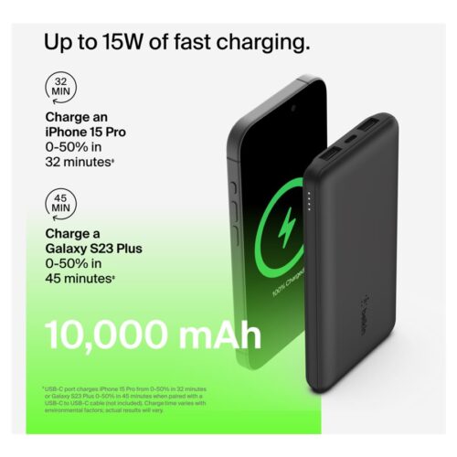 BELKIN Batterie externe 3 ports 10K avec câble USB-A vers USB-C noir