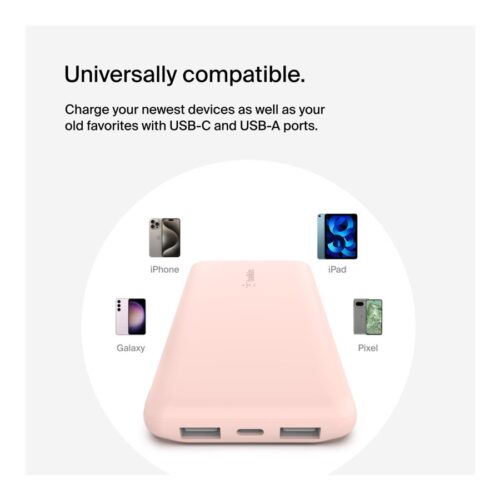 BELKIN Batterie externe 3 ports 10K avec câble USB-A vers USB-C rose