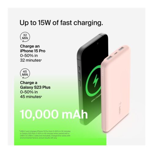 BELKIN Batterie externe 3 ports 10K avec câble USB-A vers USB-C rose