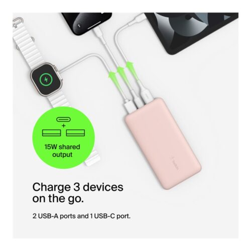 BELKIN Batterie externe 3 ports 10K avec câble USB-A vers USB-C rose