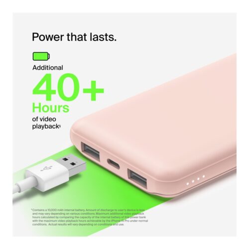 BELKIN Batterie externe 3 ports 10K avec câble USB-A vers USB-C rose