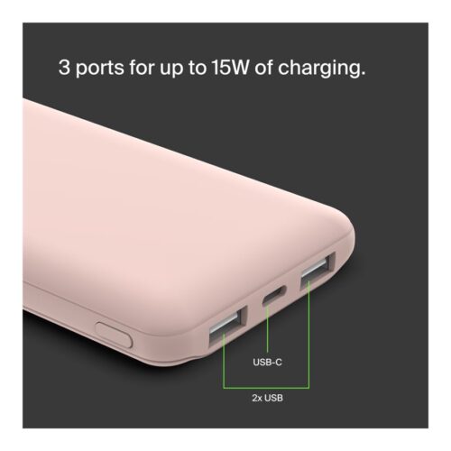 BELKIN Batterie externe 3 ports 10K avec câble USB-A vers USB-C rose