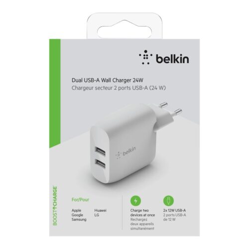 BELKIN BOOST CHARGE 24w 12w X2 USB-A Dual Wall Charger White