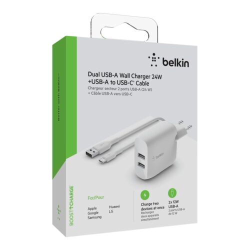 BELKIN BOOST CHARGE 24w USB-A Dual Wall Charger w/ 1m A-C White