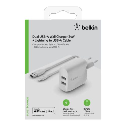 BELKIN BOOST CHARGE 24w USB-A Dual  Wall Charger w/ 1m A-LTG White