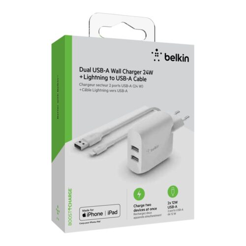 BELKIN BOOST CHARGE 24w USB-A Dual  Wall Charger w/ 1m A-LTG White