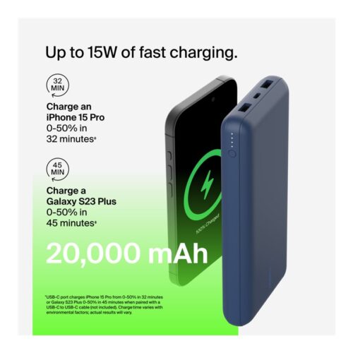 BELKIN Powerbank 20K 15W USB-C + 2 USB-A Bleu