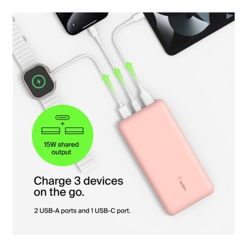 BELKIN Powerbank 20K 15W USB-C cable inclus + 2 USB-A Rose