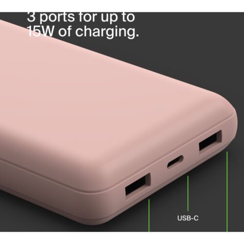 BELKIN Powerbank 20K 15W USB-C cable inclus + 2 USB-A Rose