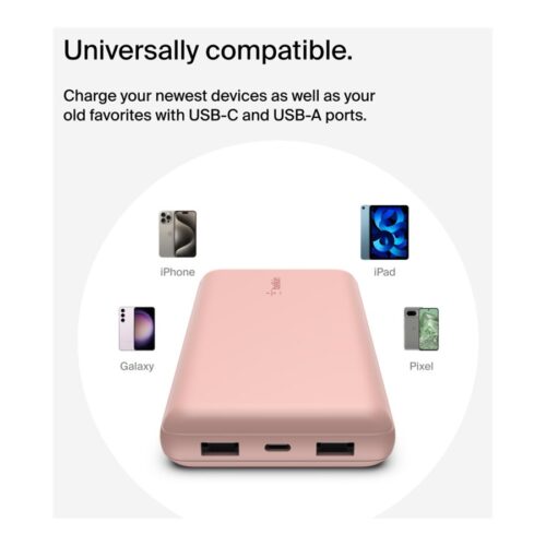 BELKIN Powerbank 20K 15W USB-C cable inclus + 2 USB-A Rose