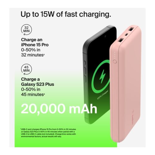 BELKIN Powerbank 20K 15W USB-C cable inclus + 2 USB-A Rose