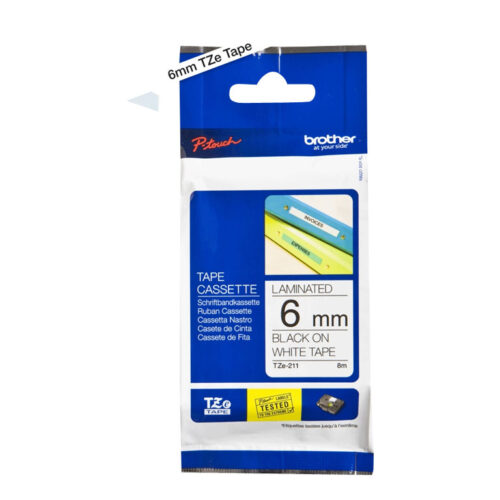 BROTHER P-TOUCH TZE-211 noir sur blanc 6mm