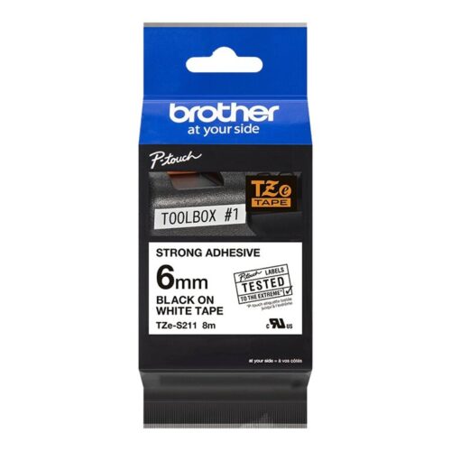 BROTHER P-TOUCH TZE-S211 noir sur blanc 6mm extra gluey