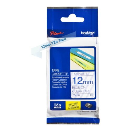 BROTHER Ruban TZe133 12mm Bleu sur fond Transparent Laminé 8M