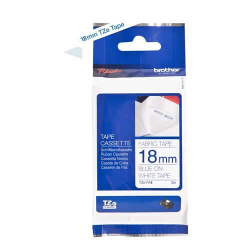 BROTHER Ruban TZeFA4B 18mm Bleu sur fond Blanc Thermo collant, 3M