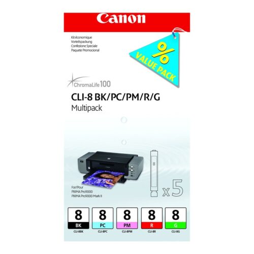 CANON CLI-8 BK, PC, PM, R, G cartouche d encre noir et quatre couleurs capacité standard combopack blister avec alarme