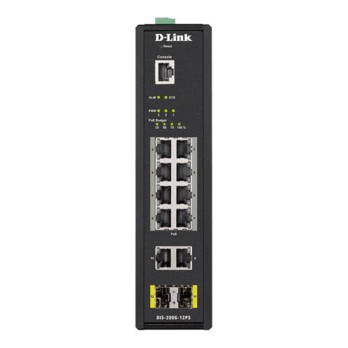 D-LINK 12 Port L2 Industrial Smart Managed Switch with 10 x 1GBaseTX ports 8 PoE 240W and 2 x SFP ports