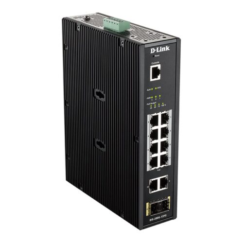 D-LINK 12 Port L2 Industrial Smart Managed Switch with 10 x 1GBaseTX ports 8 PoE 240W and 2 x SFP ports