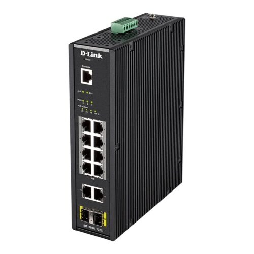 D-LINK 12 Port L2 Industrial Smart Managed Switch with 10 x 1GBaseTX ports 8 PoE 240W and 2 x SFP ports