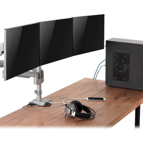 EATON TRIPPLITE Triple-Display Flex-Arm Desktop Clamp for 17inch to 30inch Flat-Screen Displays – USB and Audio Ports Aluminum