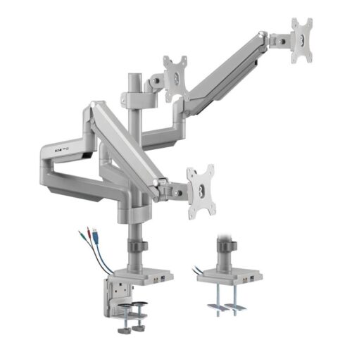 EATON TRIPPLITE Triple-Display Flex-Arm Desktop Clamp for 17inch to 30inch Flat-Screen Displays – USB and Audio Ports Aluminum