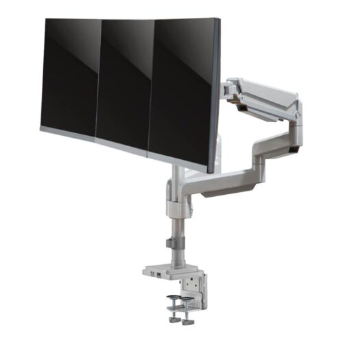 EATON TRIPPLITE Triple-Display Flex-Arm Desktop Clamp for 17inch to 30inch Flat-Screen Displays – USB and Audio Ports Aluminum
