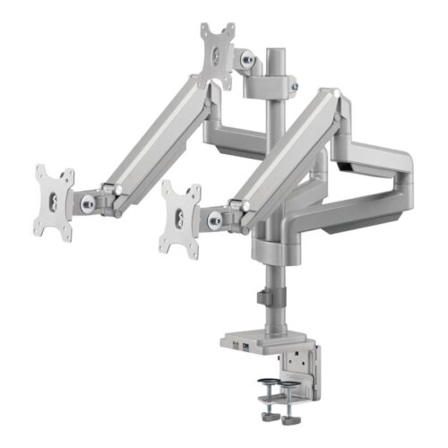 EATON TRIPPLITE Triple-Display Flex-Arm Desktop Clamp for 17inch to 30inch Flat-Screen Displays – USB and Audio Ports Aluminum