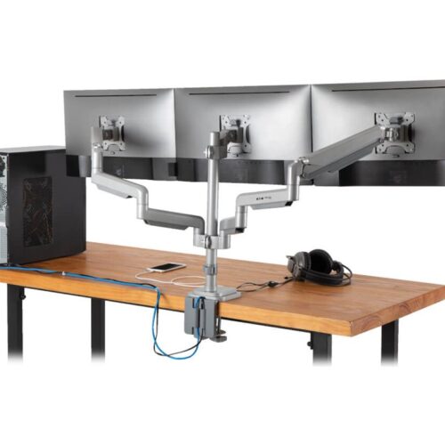 EATON TRIPPLITE Triple-Display Flex-Arm Desktop Clamp for 17inch to 30inch Flat-Screen Displays – USB and Audio Ports Aluminum