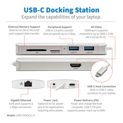 EATON TRIPPLITE USB-C Dock 4K HDMI USB 3.2 Gen 1 USB-A/C Hub GbE Memory Card 60W PD Charging