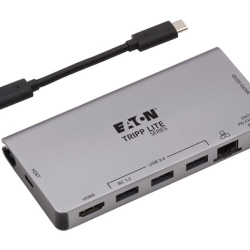 EATON TRIPPLITE USB-C Dock – 4K HDMI USB 3.2 Gen 1 USB-A Hub GbE Memory Card 100W PD Charging Detachable Cord