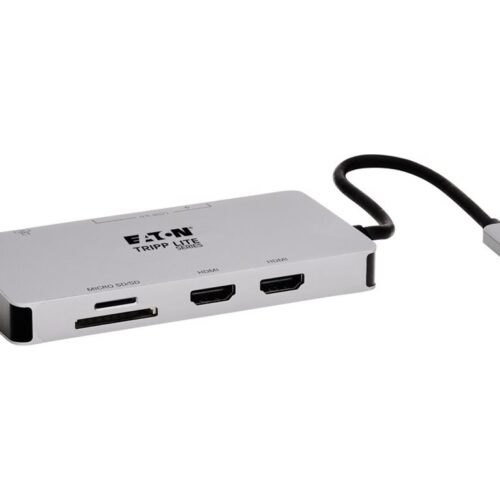 EATON TRIPPLITE USB-C Dock Dual Display – 4K 60Hz HDMI USB 3.2 Gen 1 USB-A Hub GbE Memory Card 100W PD Charging Gray