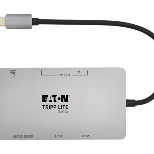 EATON TRIPPLITE USB-C Dock Dual Display – 4K 60Hz HDMI USB 3.2 Gen 1 USB-A Hub GbE Memory Card 100W PD Charging Gray
