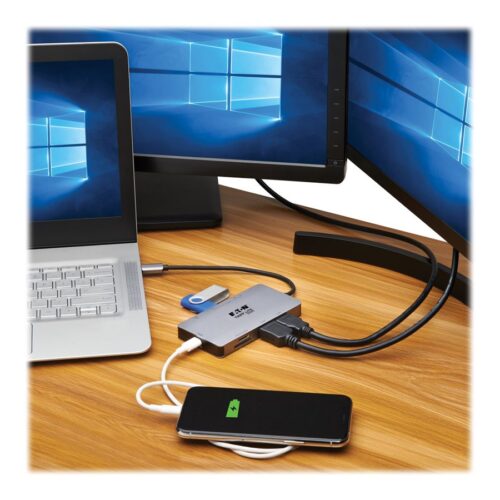 EATON TRIPPLITE USB-C Dock Dual Display – 4K 60Hz HDMI USB 3.2 Gen 1 USB-A Hub GbE Memory Card 100W PD Charging Gray