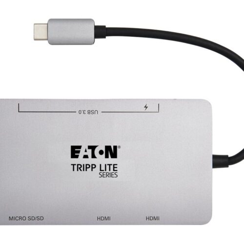 EATON TRIPPLITE USB-C Dock Dual Display – 4K 60Hz HDMI USB 3.2 Gen 1 USB-A Hub Memory Card 100W PD Charging Gray
