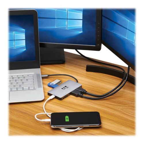 EATON TRIPPLITE USB-C Dock Dual Display – 4K 60Hz HDMI USB 3.2 Gen 1 USB-A Hub Memory Card 100W PD Charging Gray