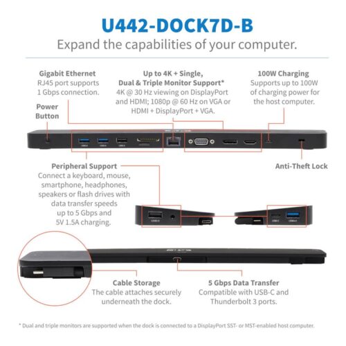 EATON TRIPPLITE USB-C Dock Triple Display 4K HDMI & DP VGA USB 3.2 Gen 1 USB-A/C Hub GbE 100W PD Charging