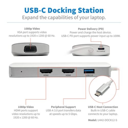 EATON TRIPPLITE USB-C Dock Triple Display HDMI VGA USB 3.2 Gen 1 USB-A Hub 100W PD Charging