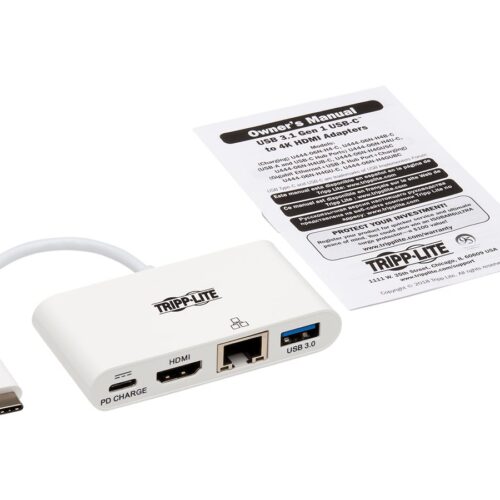 EATON TRIPPLITE USB-C Multiport Adapter – 4K HDMI USB-A Port GbE 60W PD Charging HDCP White